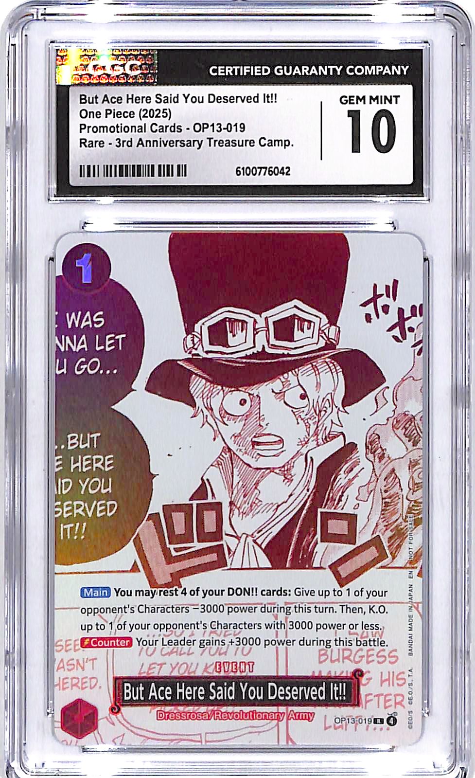 One Piece Promotional Cards 3rd Anniversary Treasure Camp OP13 But Ace Here Said You Deserved It CGC 10
