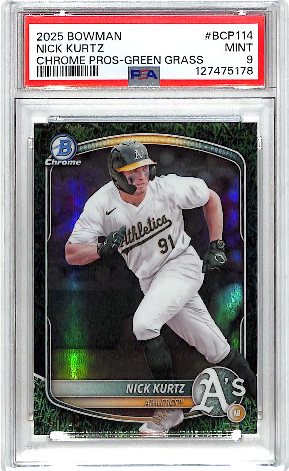 2025 Bowman Chrome Nick Kurtz Rookie RC Prospect Green Grass /99 PSA 9 Athletics