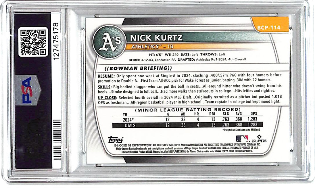 2025 Bowman Chrome Nick Kurtz Rookie RC Prospect Green Grass /99 PSA 9 Athletics