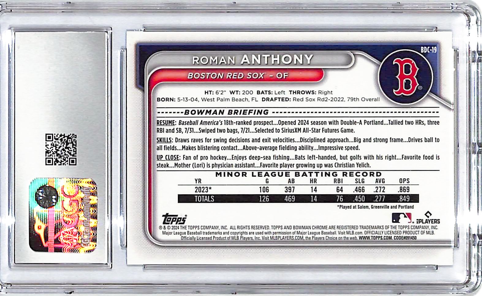 2024 Bowman Chrome Draft Sapphire Roman Anthony Rookie RC CGC 10 Red Sox
