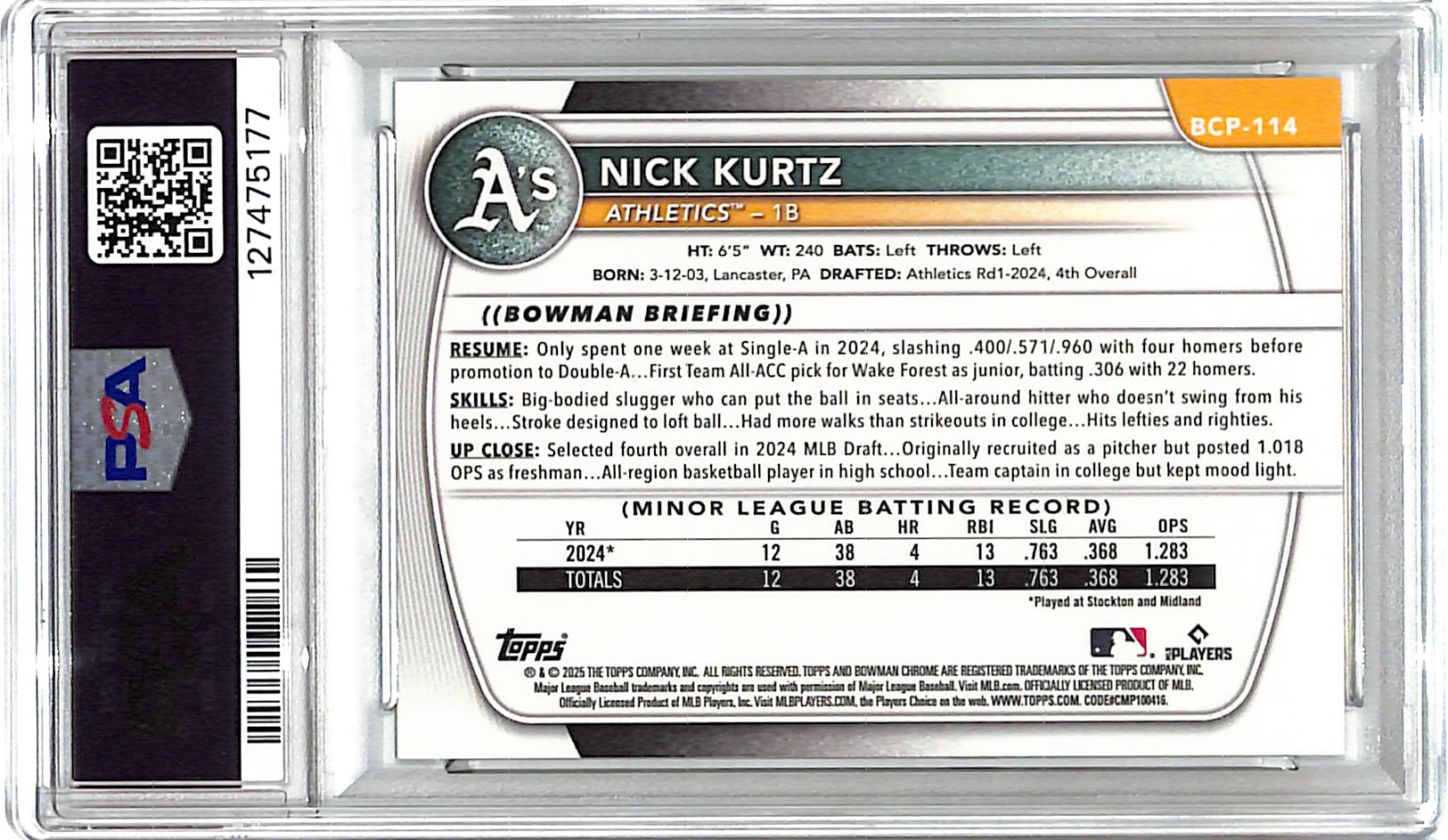 2025 Bowman Chrome Nick Kurtz Rookie RC Prospect Green Geometric /99 PSA 9 Athletics