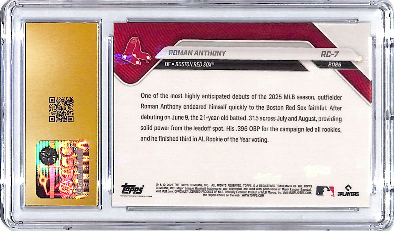 2025 Topps Now Roman Anthony Rookie Cup Call Up RC CGC 10 Pristine Red Sox