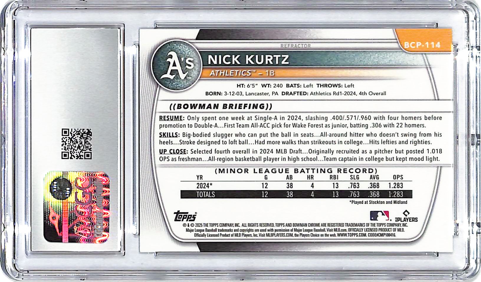 2025 Bowman Chrome Nick Kurtz Rookie RC Prospect Refractor /499 CGC 10 Athletics