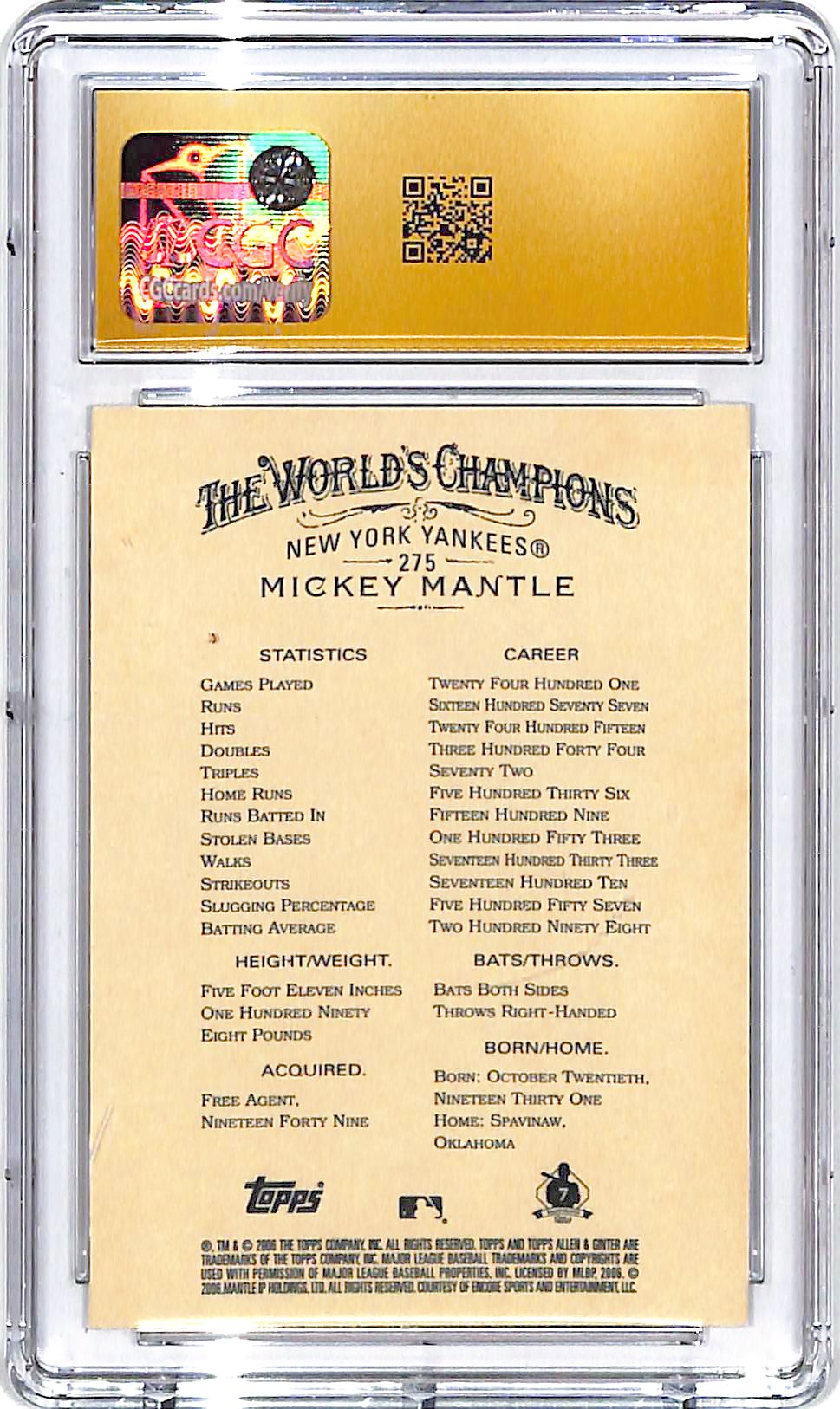2006 Topps Allen and Ginter Mickey Mantle #275 CGC 10 Yankees