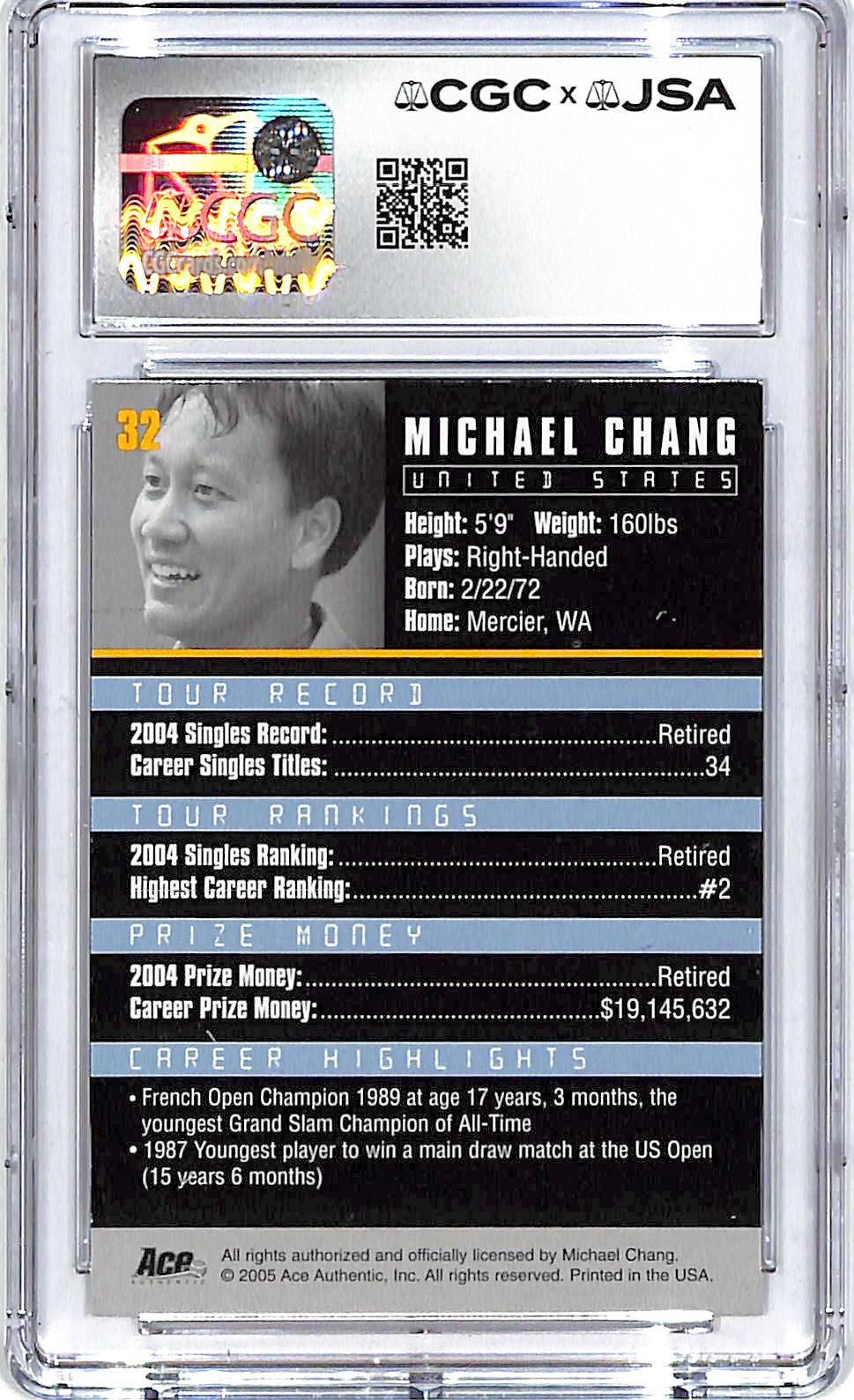 2005 Ace Authentic Debut Edition Michael Chang Auto Autograph Signed CGC JSA Authentic
