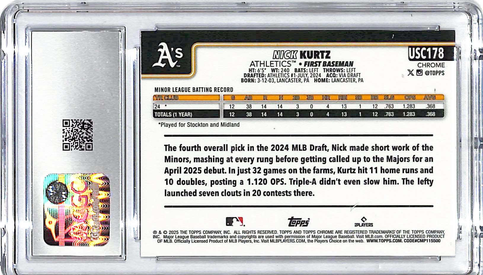 2025 Topps Chrome Update Nick Kurtz Rookie RC Sepia Refractor CGC 10 Athletics
