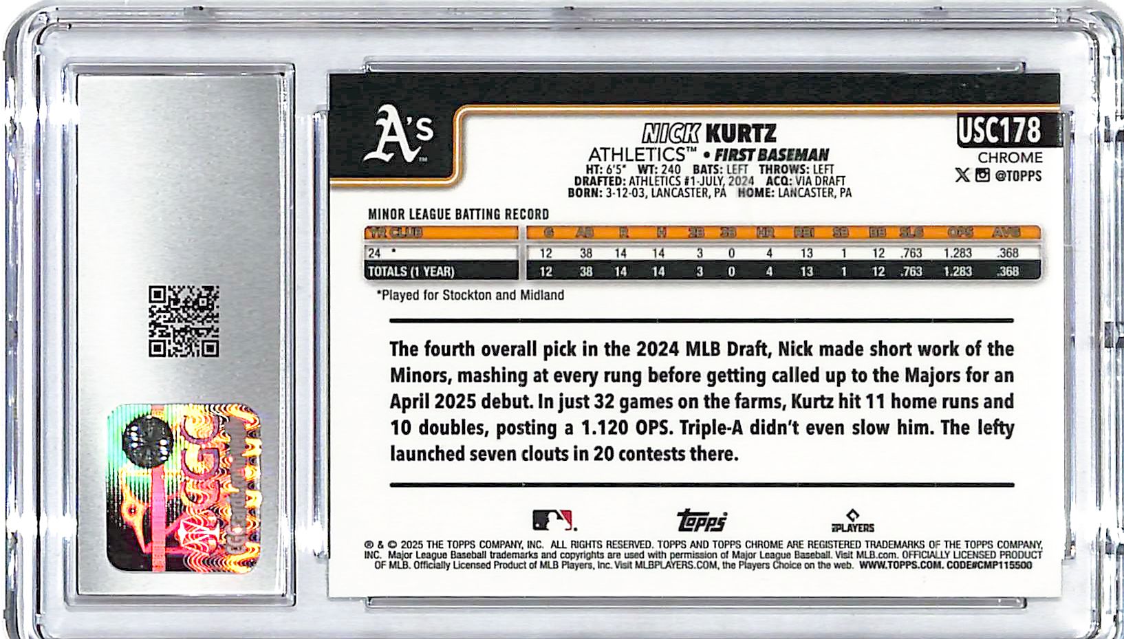 2025 Topps Chrome Update Nick Kurtz Rookie RC Sepia Refractor CGC 9 Athletics