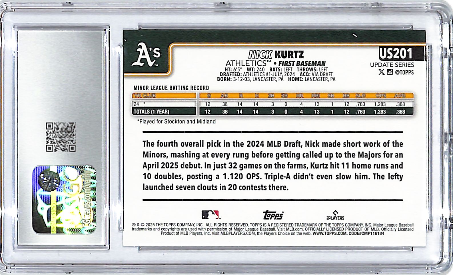 2025 Topps Update Nick Kurtz Rookie RC #US201 CGC 9.5 Athletics