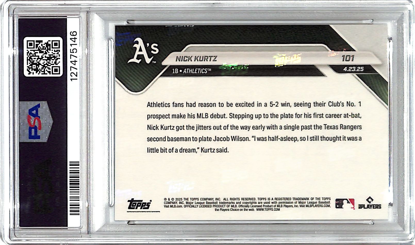 2025 Topps Now Nick Kurtz Rookie RC Orange Foil /25 PSA 9 Athletics