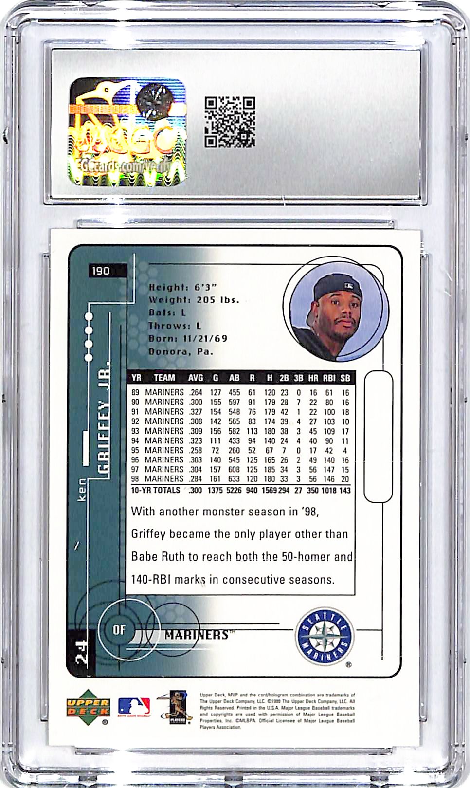 1999 Upper Deck MVP Ken Griffey Jr #190 CGC 9.5 Mariners