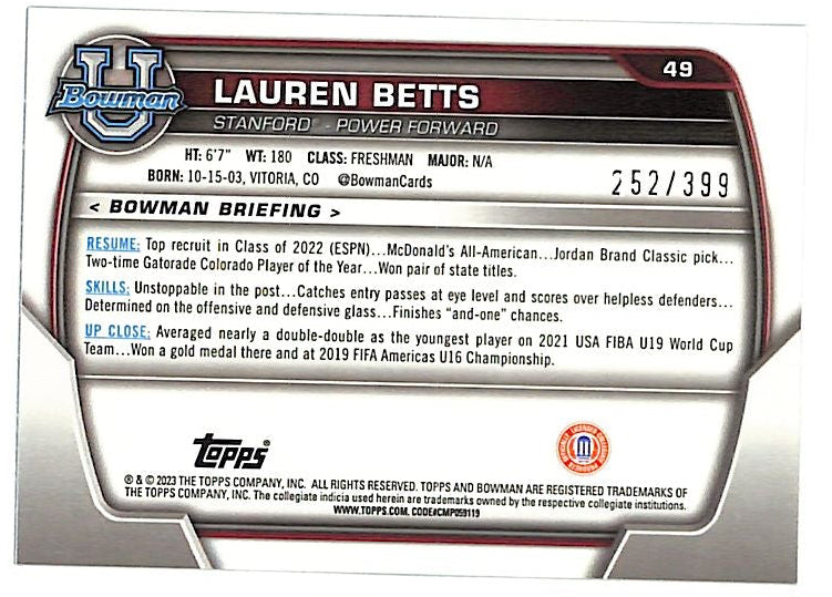 2023-24 Bowman Chrome University Lauren Betts Rookie RC Purple Mini Diamond /399