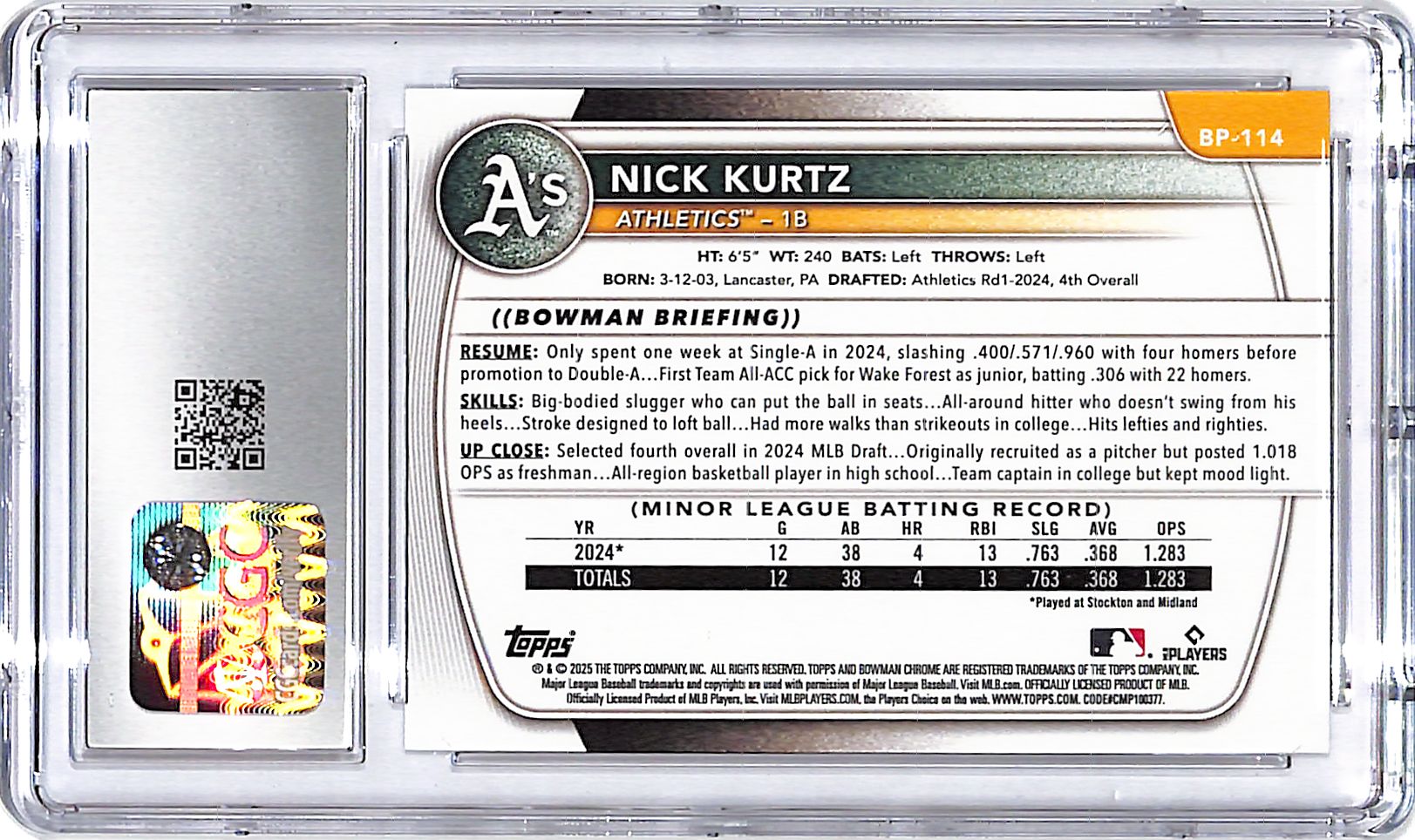 2025 Bowman Nick Kurtz Prospects Rookie RC CGC 10 Athletics