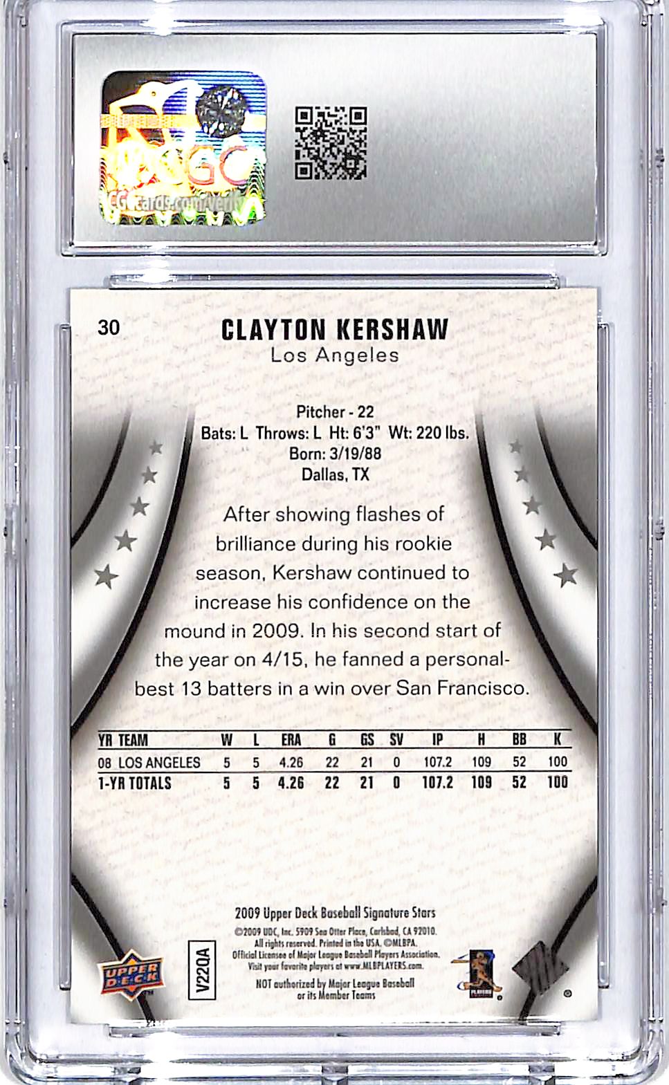 2009 Upper Deck Signature Stars Clayton Kershaw #30 CGC 10 Dodgers
