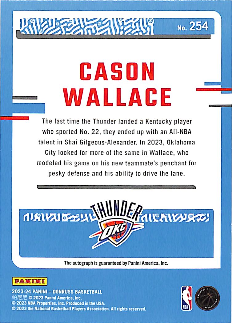 2023-24 Donruss Cason Wallace Auto Autograph Rated Rookie RC /75 Thunder
