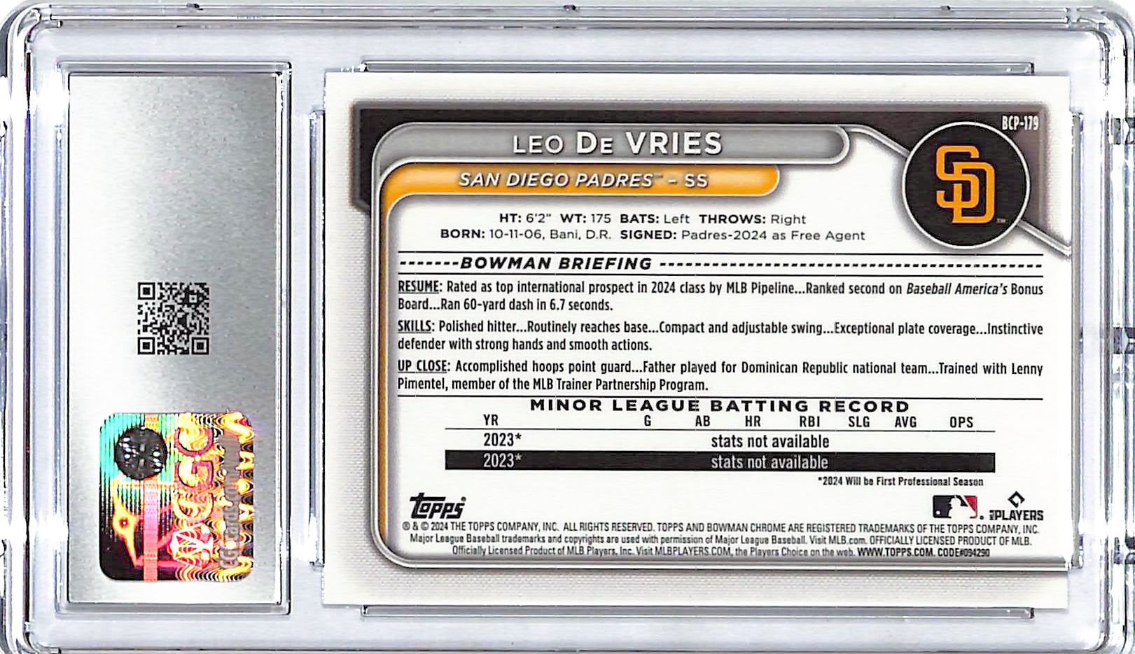 2024 Bowman Chrome Leo De Vries Prospect Rookie RC Mega Box Mojo Refractor CGC 10 Padres