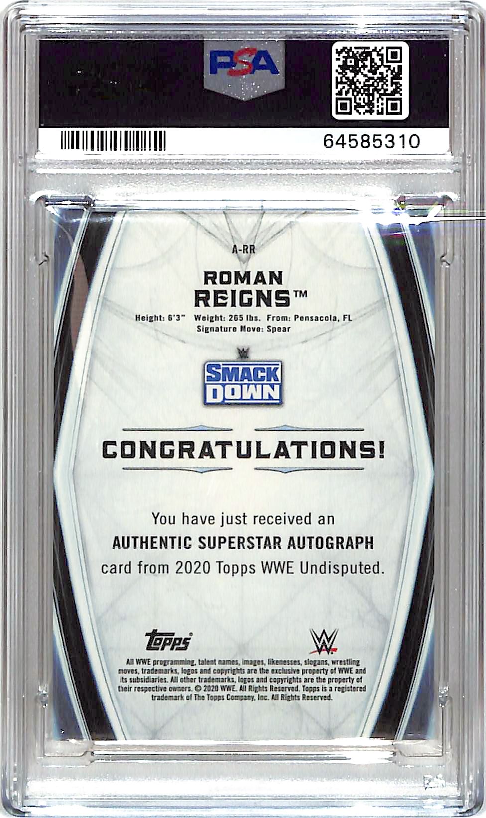 2020 Topps WWE Undisputed Roman Reigns Auto Autograph /199 PSA 9