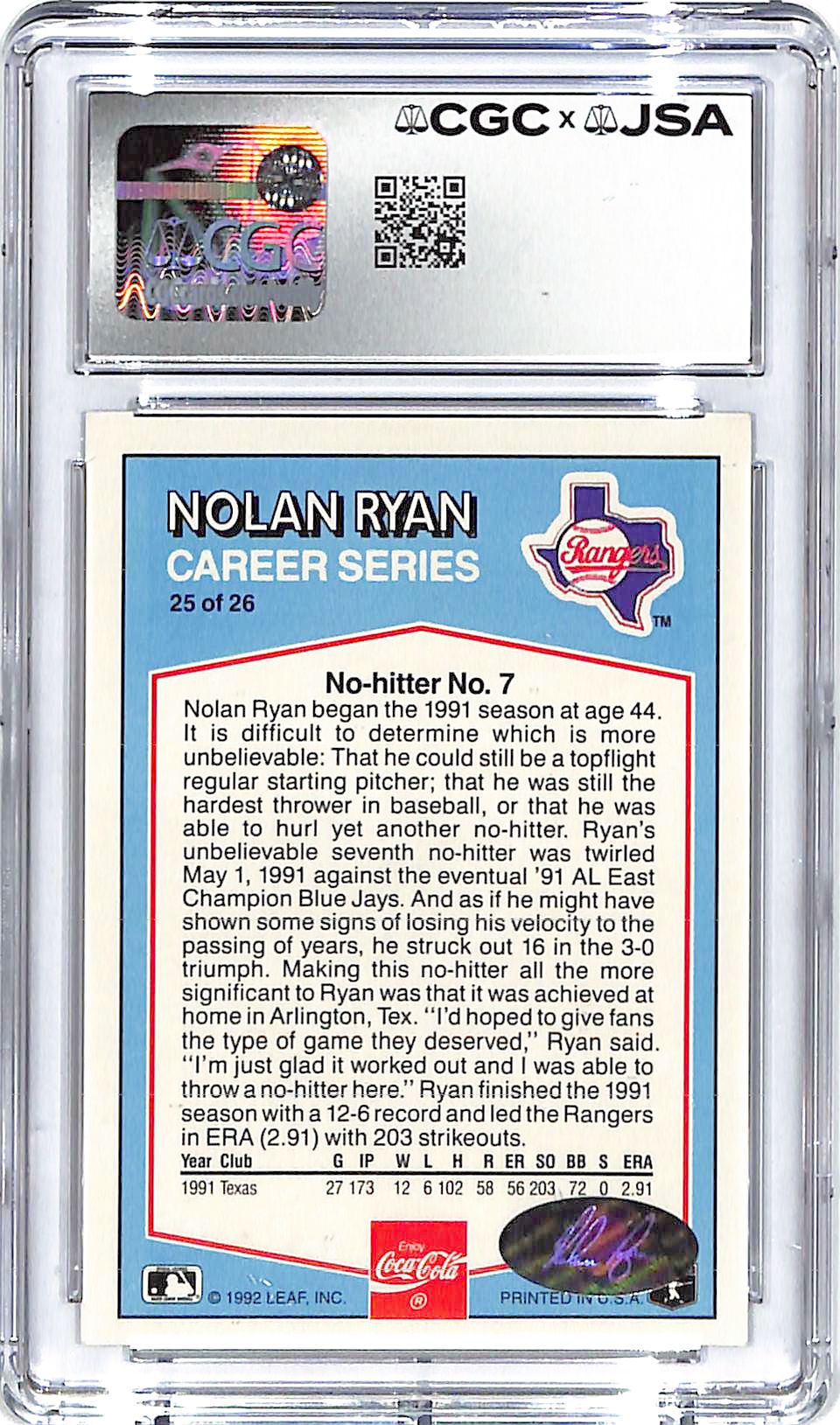 1992 Donruss Coca Cola Career Series Nolan Ryan Auto Autograph CGC Authentic