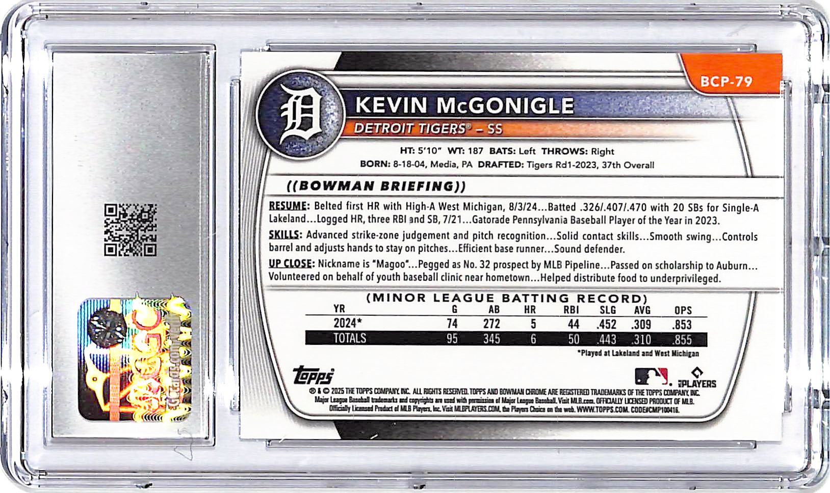 2025 Bowman Chrome Prospects Kevin McGonigle Rookie RC CGC 10 Tigers