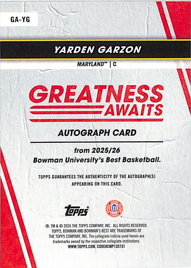 2025-26 Bowmans Best University Yarden Garzon Auto Autograph Greatness Awaits Gold /50