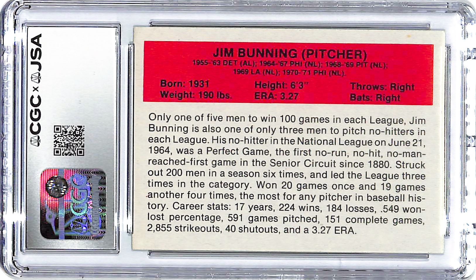 1987 Hygrade All Time Greats Jim Bunning Auto Autograph CGC Authentic