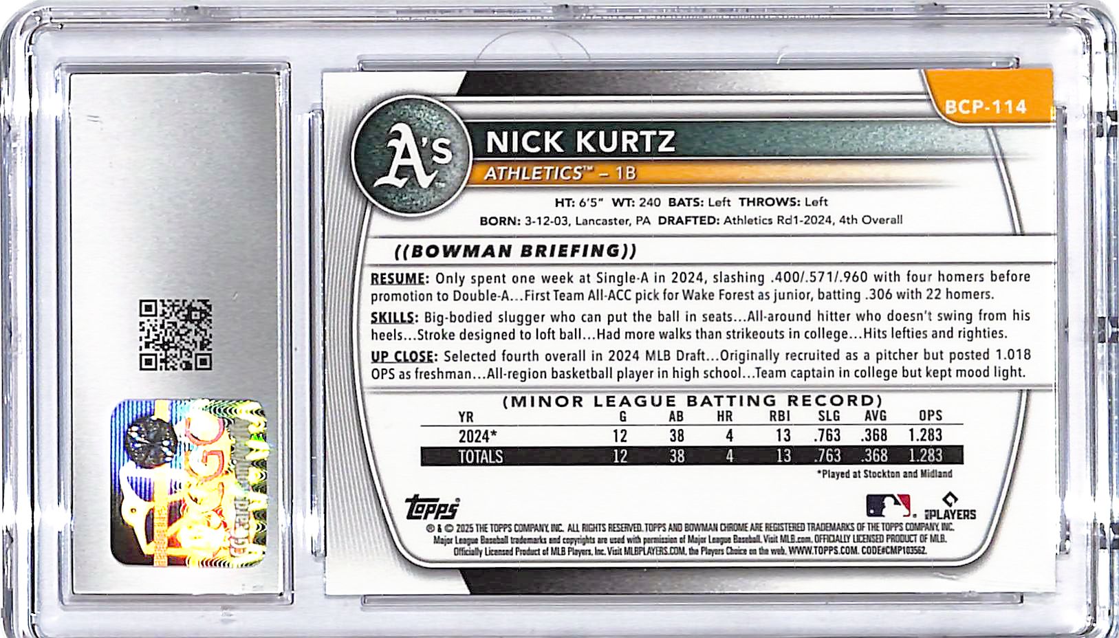 2025 Bowman Chrome Nick Kurtz Mega Box Mojo Refractor Rookie RC CGC 10 Athletics