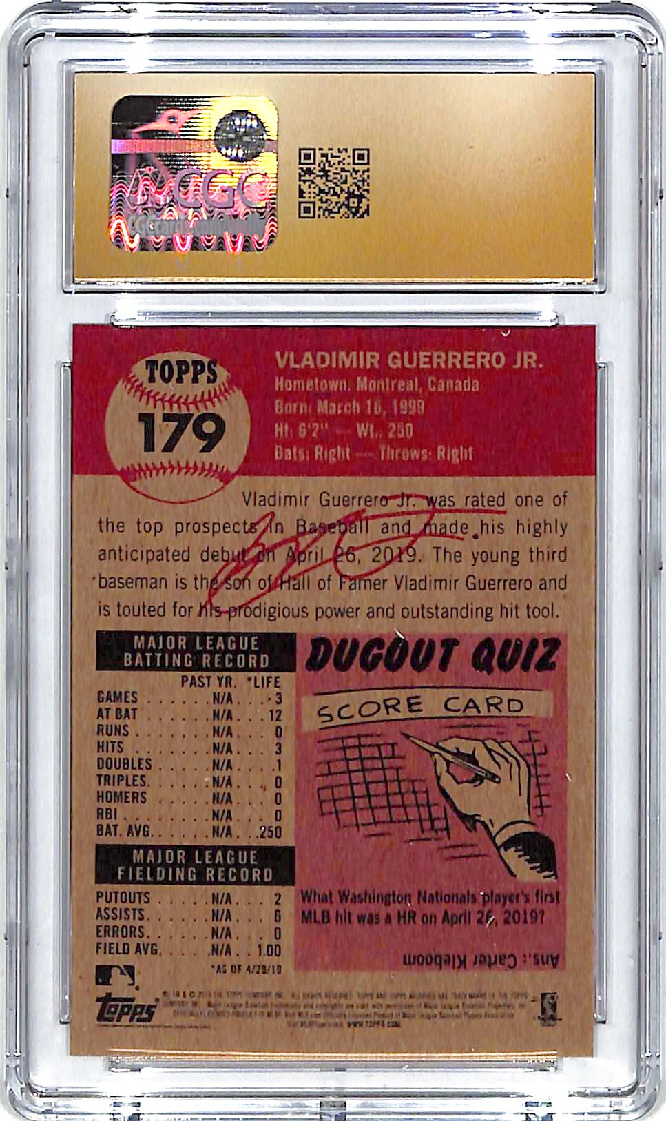 2018 Topps Living Set Vladimir Guerrero Jr Rookie RC #179 CGC Pristine Blue Jays