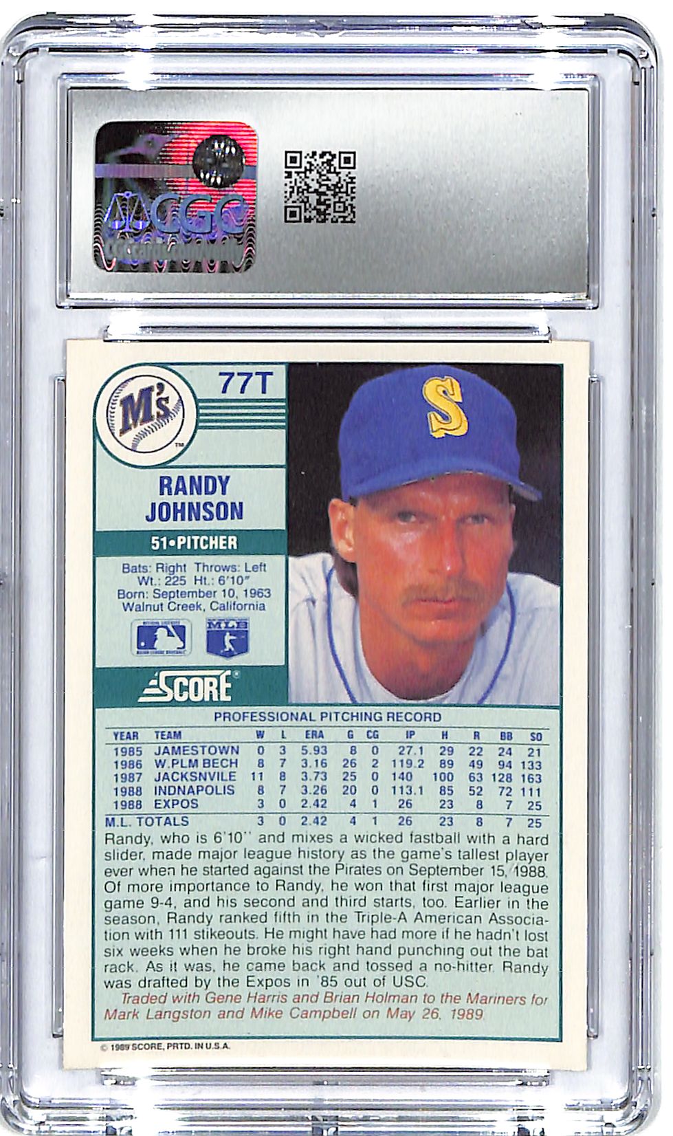 1989 Score Traded Randy Johnson Rookie RC CGC 10 Mariners