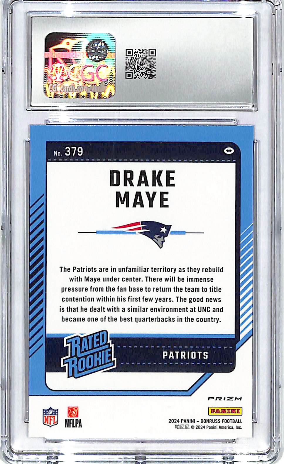 2024 Donruss Drake Maye Optic Rated Rookie RC Preview Pink CGC 10 Patriots