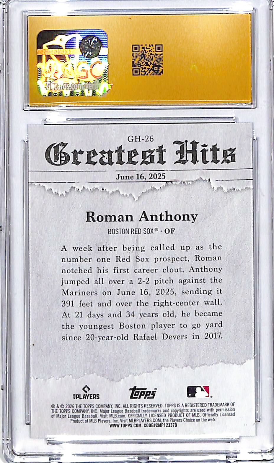 2026 Topps Roman Anthony Greatest Hits Rookie RC CGC 10 Pristine Red Sox