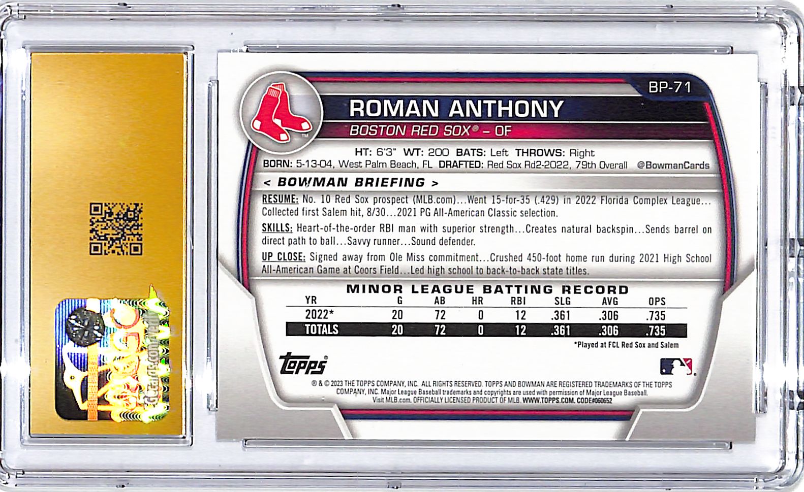 2025 Bowman Roman Anthony Prospect Rookie RC CGC 10 Pristine Red Sox