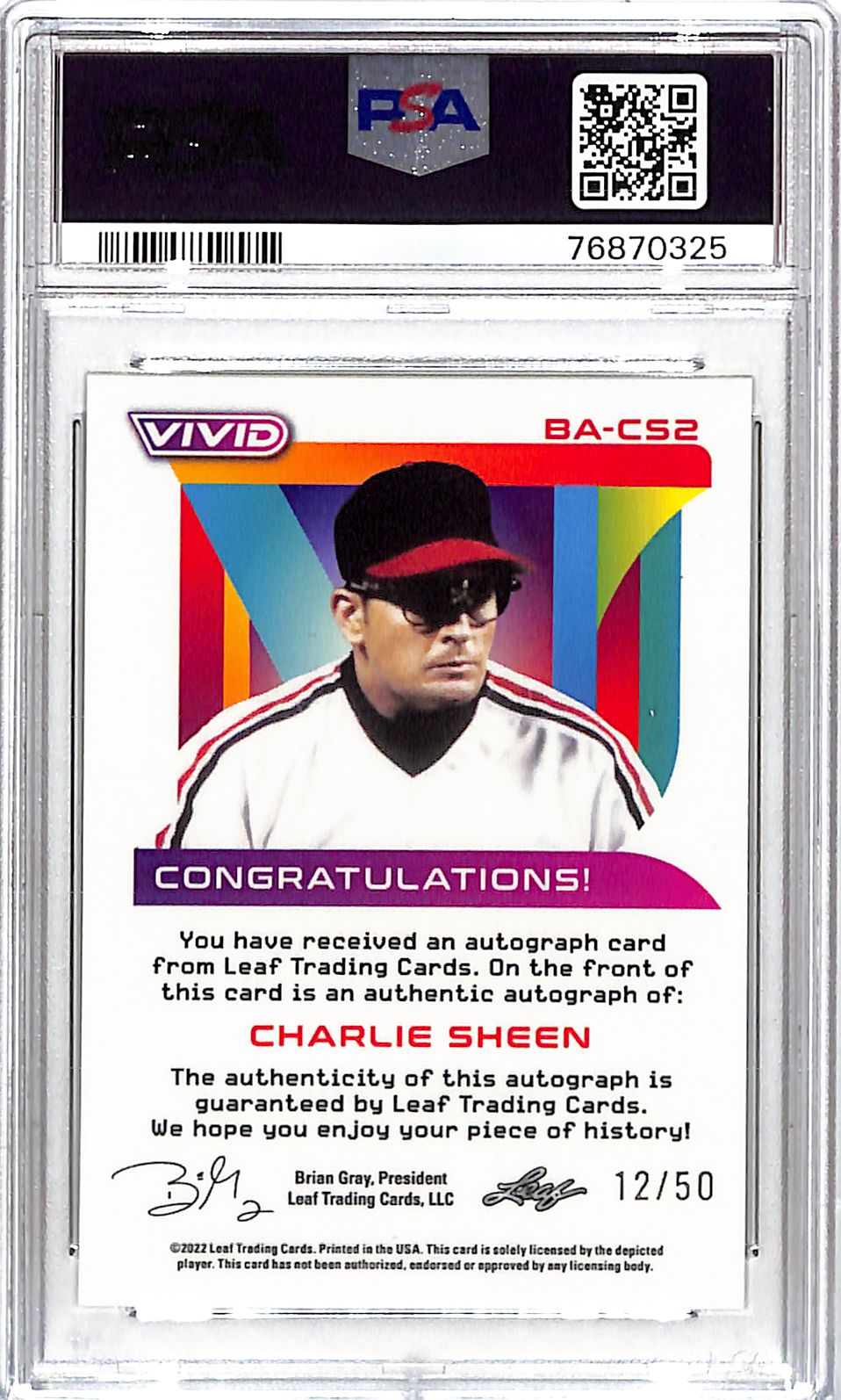 2022 Leaf Vivid Charlie Sheen Auto Autograph Yellow /50 PSA 8