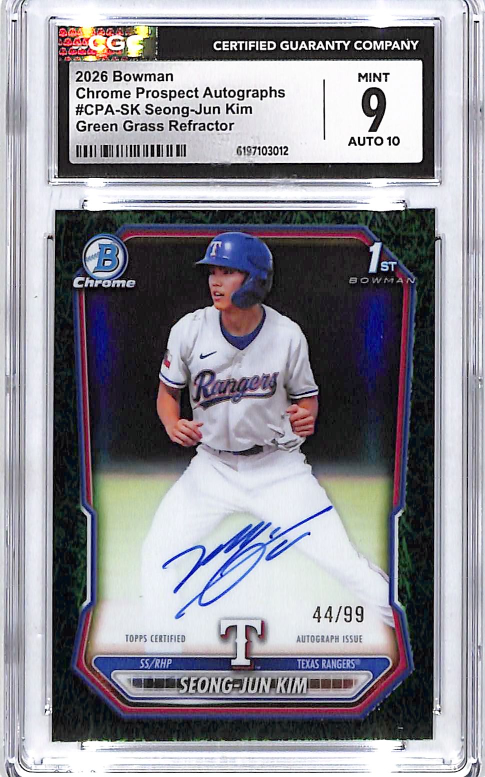 2026 Bowman Chrome Seong-Jun Kim Auto Autograph Rookie RC Green Grass CGC 9 /99 Rangers