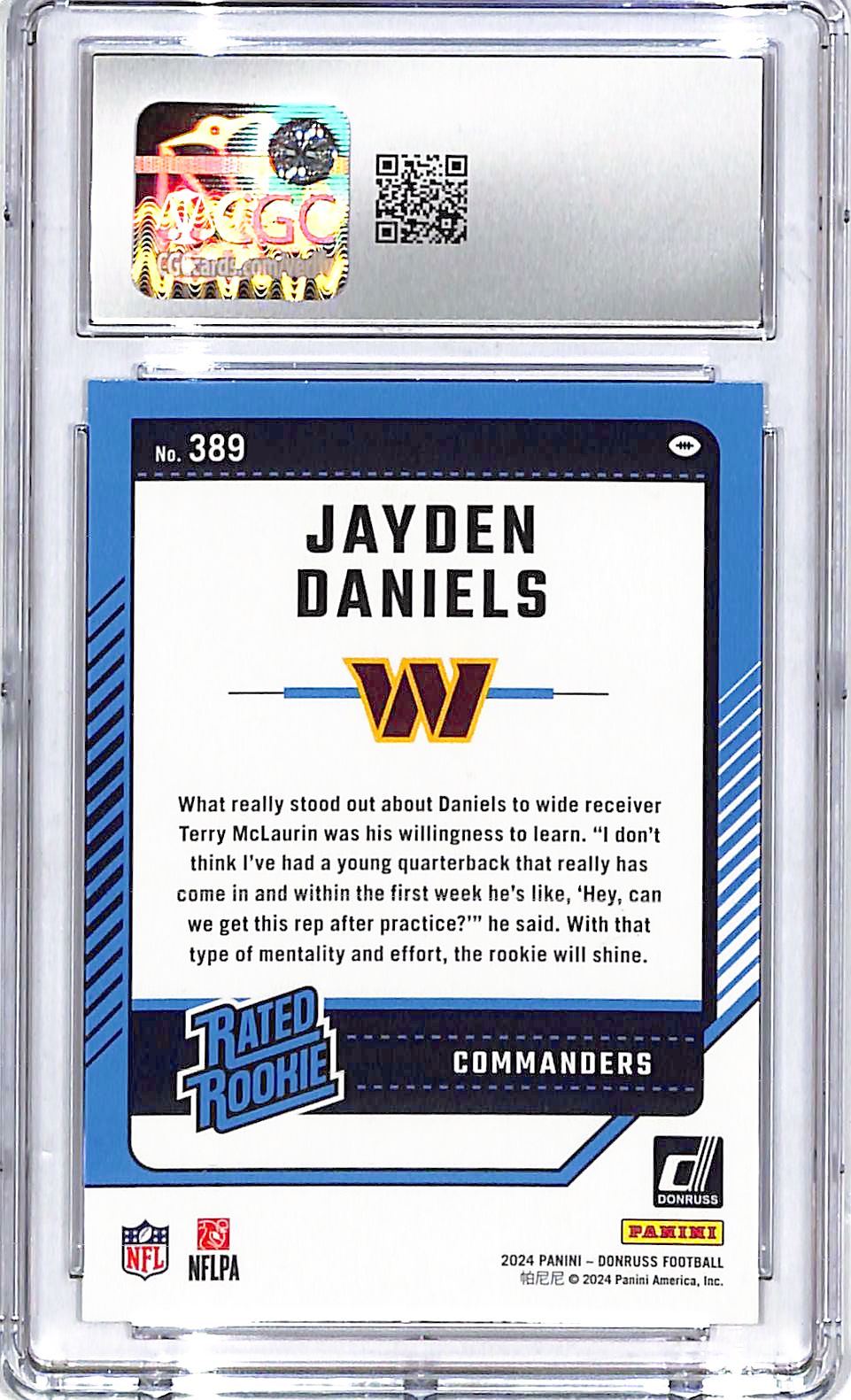 2024 Donruss Jayden Daniels Rated Rookie RC #389 CGC 10 Commanders