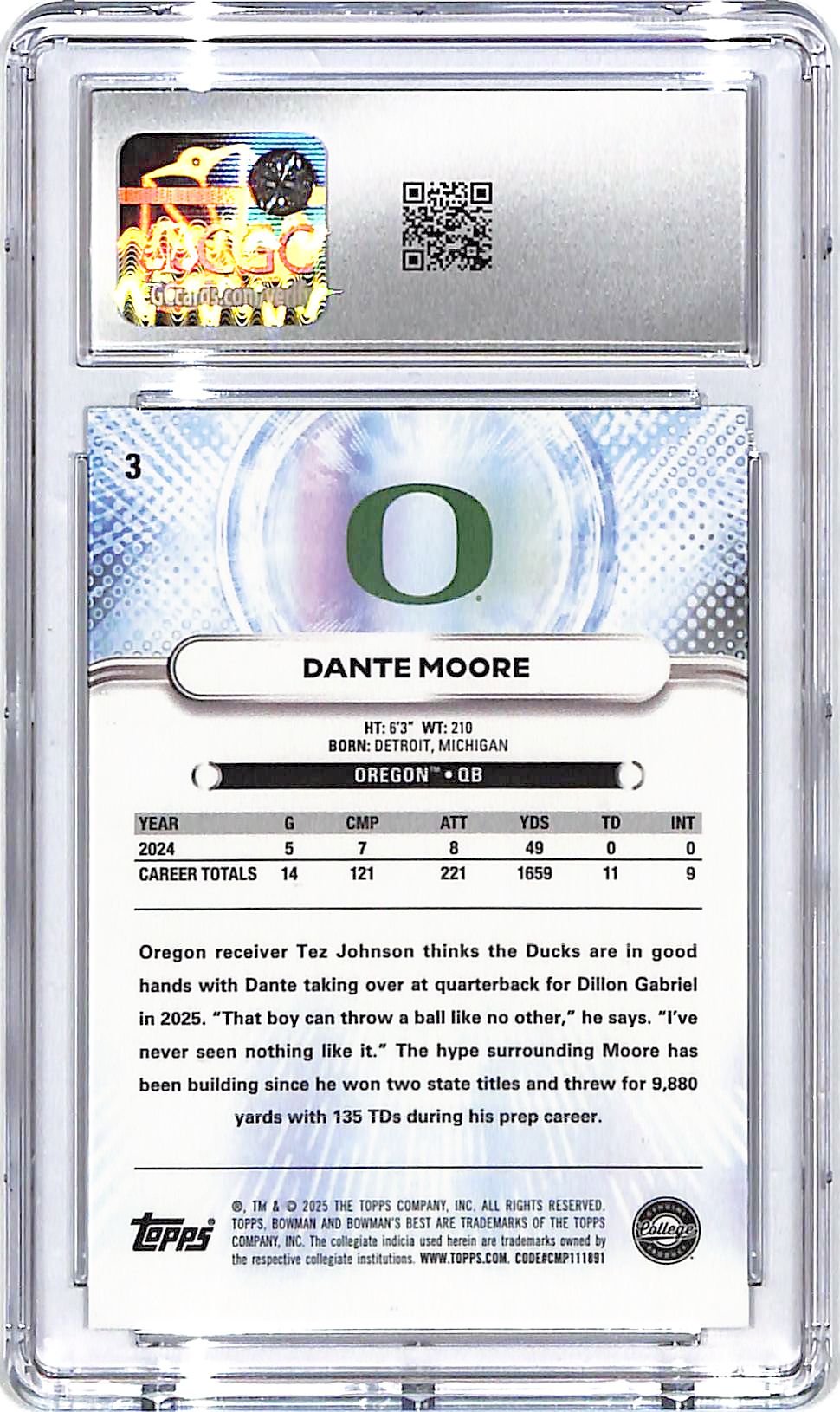 2025 Bowman University Best Dante Moore Aqua Lava Refractor /199 Rookie RC CGC 10 Oregon