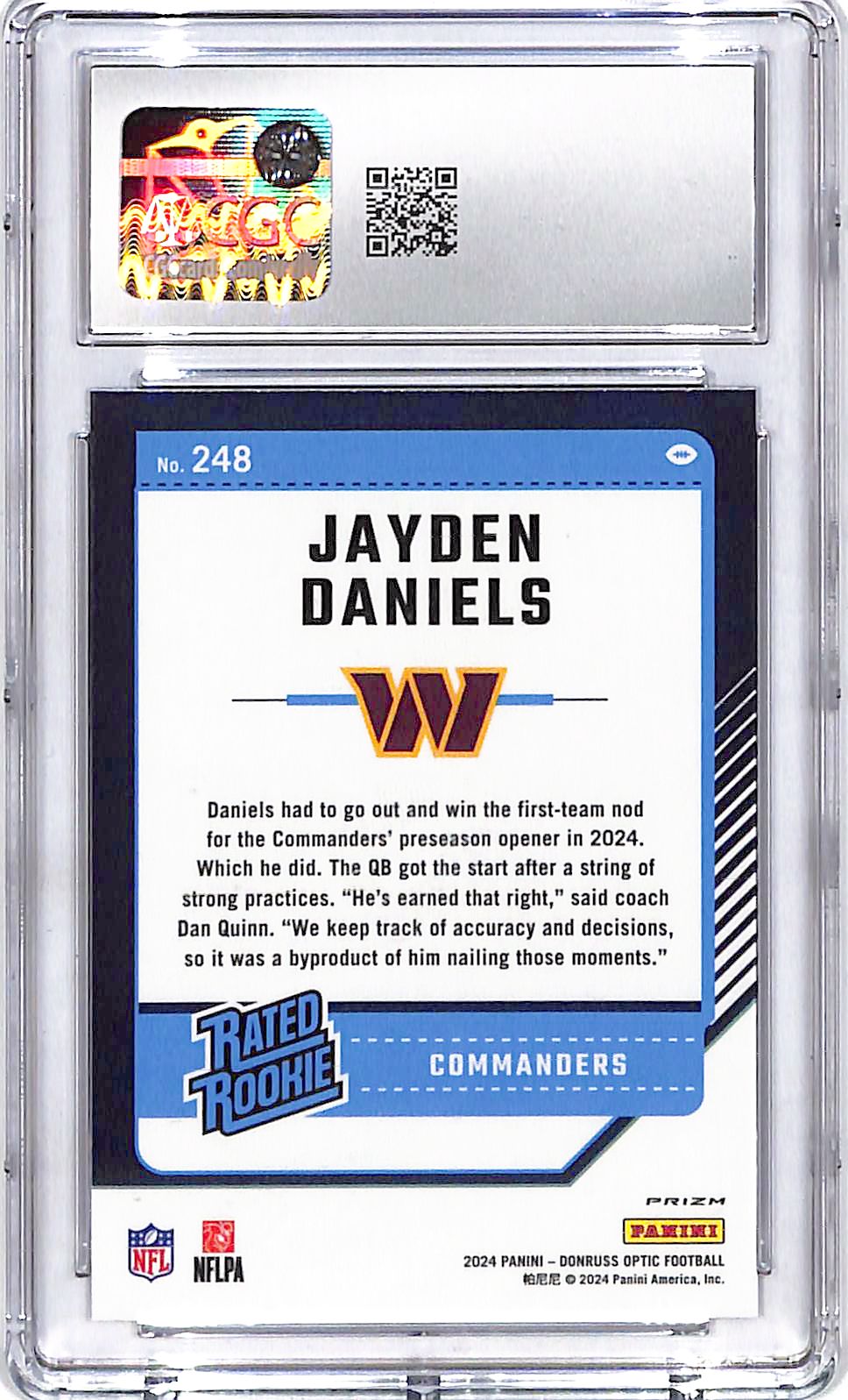 2024 Donruss Optic Jayden Daniels Rated Rookie RC Purple Shock #248 CGC 10 Commanders