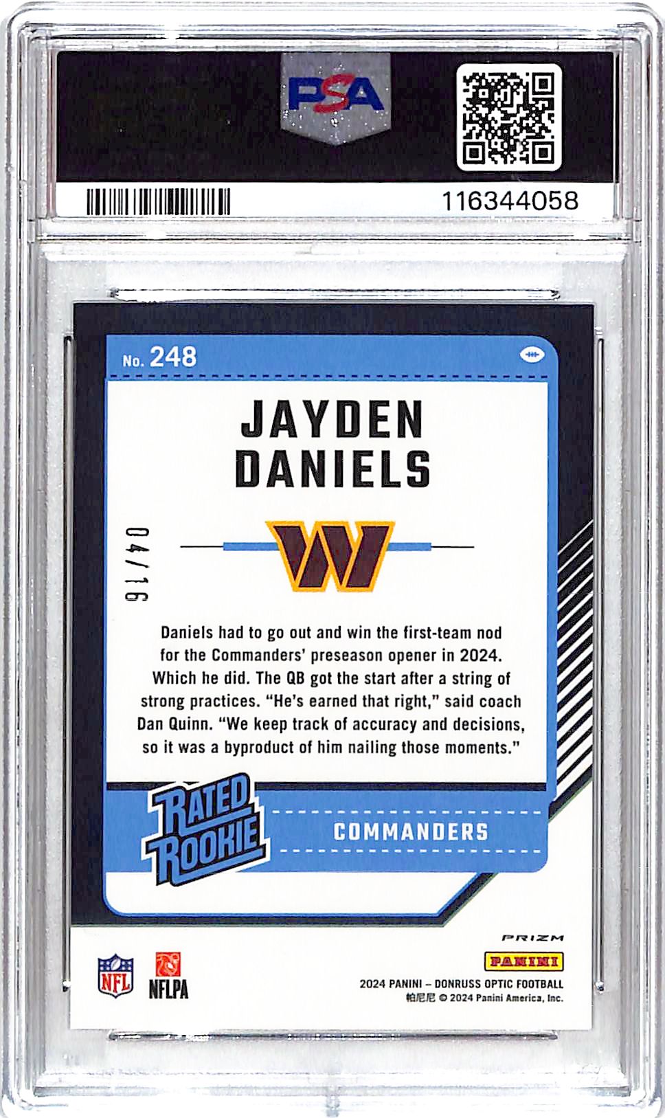 2024 Donruss Optic Jayden Daniels Rated Rookie RC Footballs Emoji /16 PSA 9 Commanders