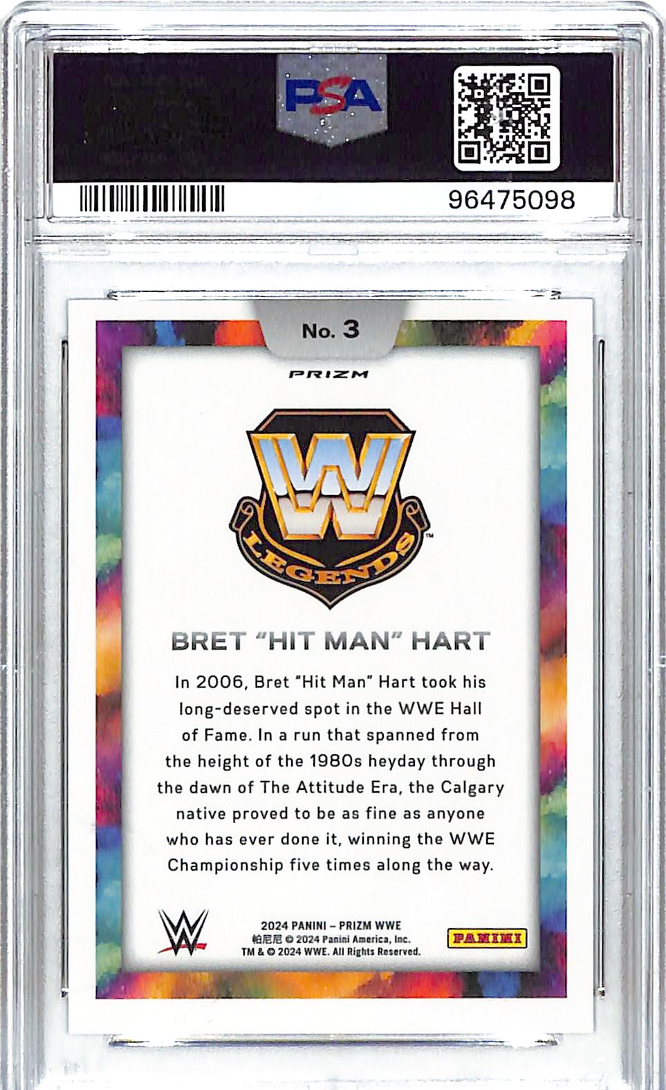 2024 Prizm WWE Bret Hit Man Hart Color Blast #3 PSA 10
