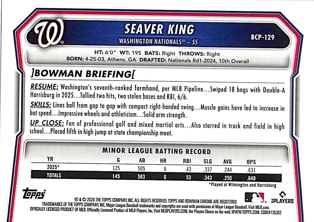 2026 Bowman Chrome Seaver King Prospect Rookie RC Gold Reptilian /50 Refractor Nationals
