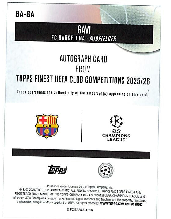 2025-26 Topps Finest UEFA Gavi Auto Autograph Gold Wave Refractor /50 FC Barcelona