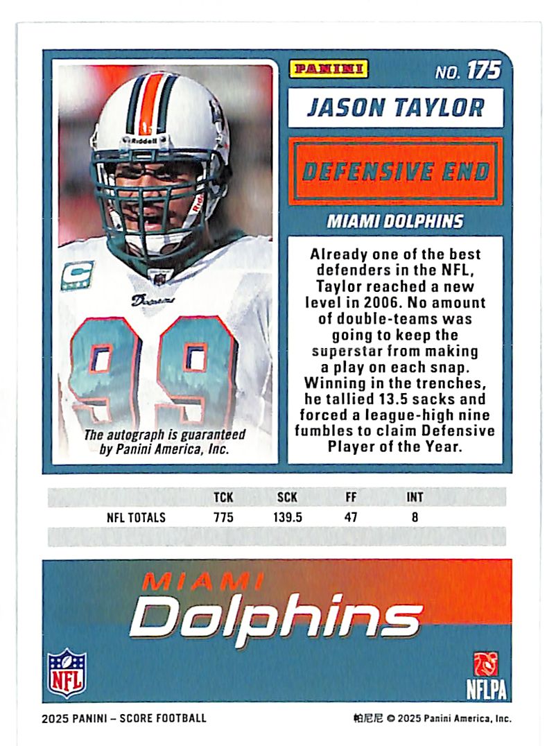 2025 Score Jason Taylor Auto Autograph Dolphins