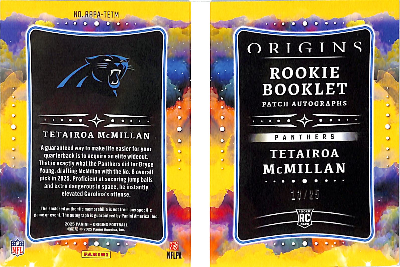 2025 Origins Tetairoa McMillan Auto Autograph Patch Jersey Rookie RC Booklet /25 RPA Panthers