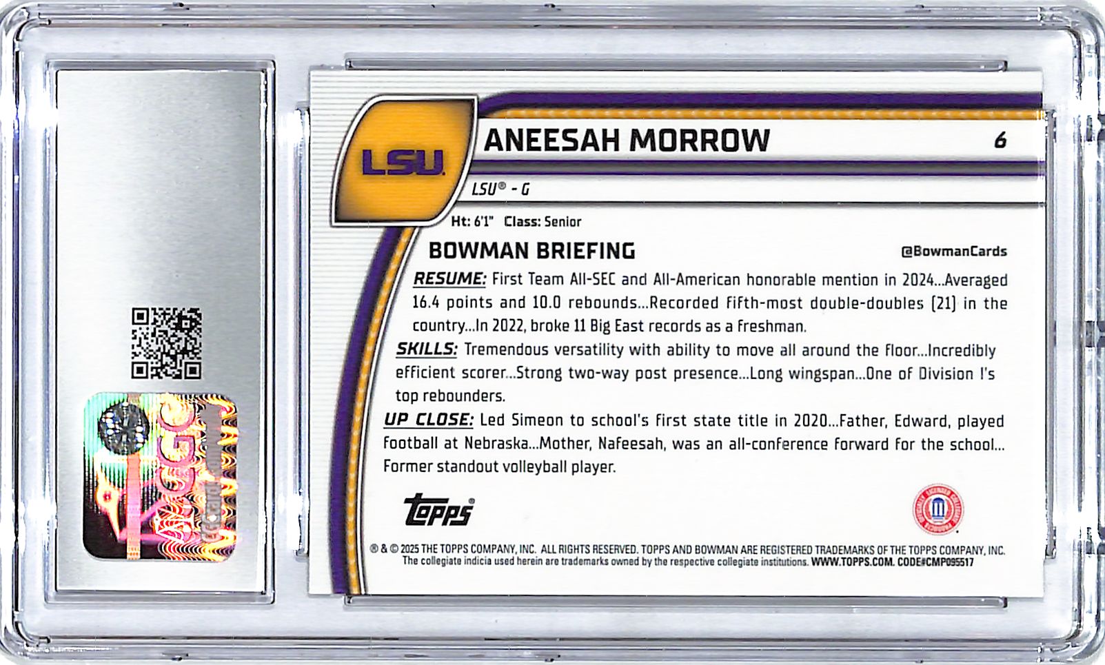 2024-25 Bowman Chrome University Aneesah Morrow Rookie RC Black Wave CGC 9.5 Refractor