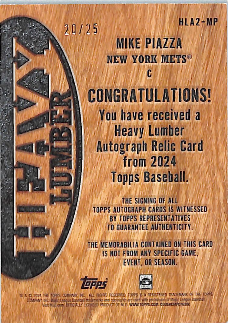 2024 Topps Mike Piazza Heavy Lumber Auto Autograph Bat Relic /25 Mets