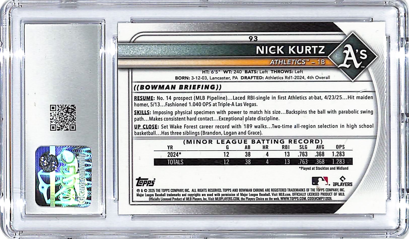 2025 Bowman Chrome Nick Kurtz Rookie RC #93 CGC 9 Athletics