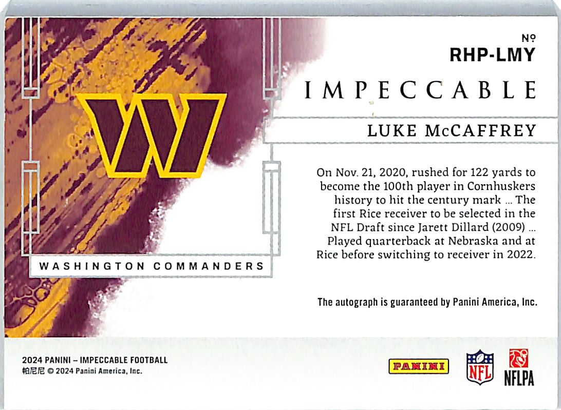 2024 Impeccable Luck McCaffrey Auto Autograph Silver Bar /20 Commanders