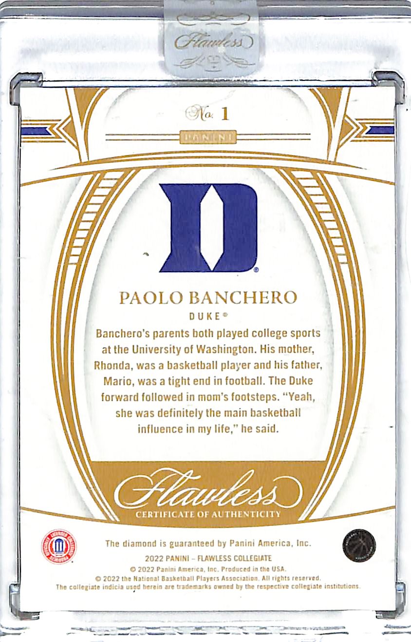 2022 Panini Flawless Collegiate Paolo Banchero Rookie RC Gold Diamond /10 Duke