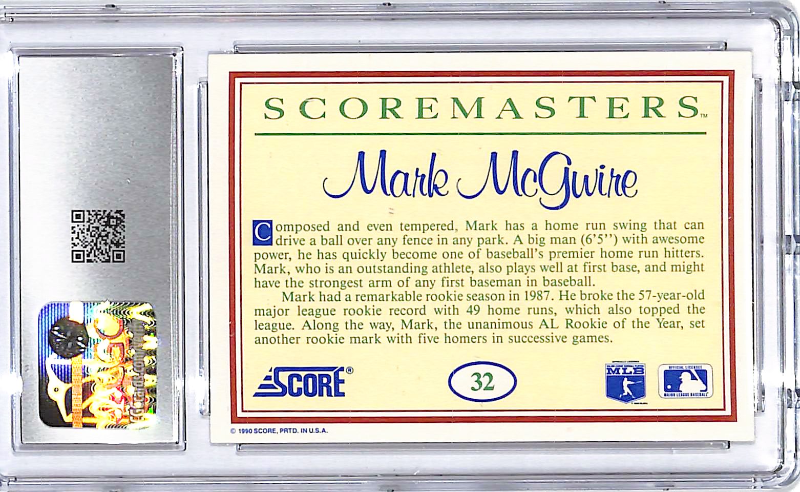 1989 Score Scoremasters Mark McGwire #32 CGC 9.5 Athletics