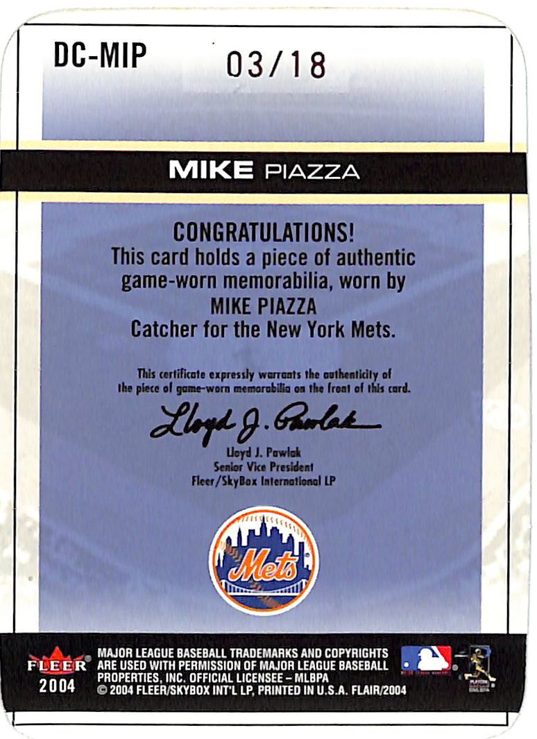 2004 Flair Mike Piazza Diamond Cuts Jersey Patch /18 GAME USED Mets