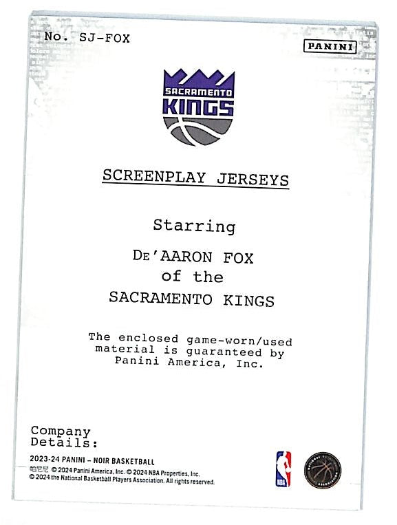 2023-24 Noir De'Aaron Fox Jersey Patch /99 Kings Screenplay