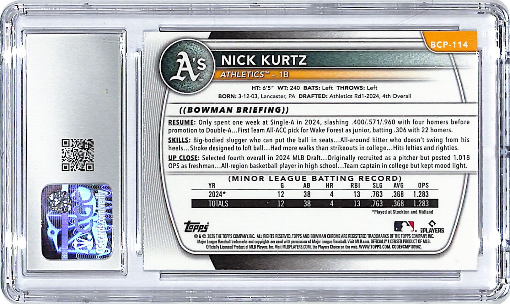 2025 Bowman Chrome Nick Kurtz Mega Box Rookie BCP-114 CGC 9 Athletics